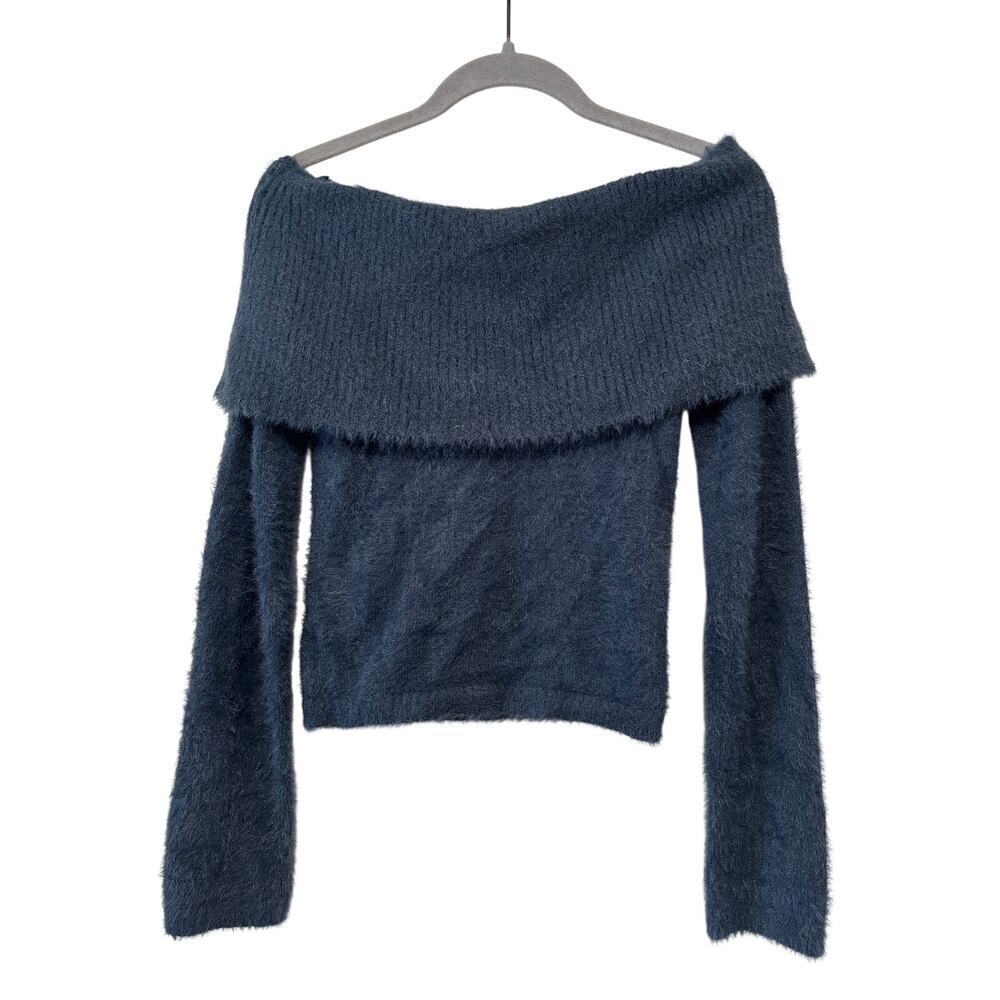 The Workshop Off Shoulder Eyelash Knit Sweater Women’s Blue Fuzzy Soft Pullover - Picture 7 of 7
